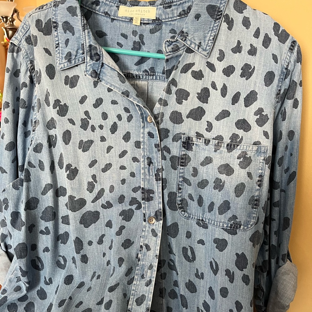 Side Stitch LA Leopard Print Soft Denim Button Down Shirt Blouse